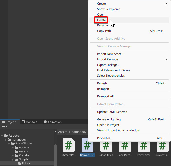 ConvertOldFiles.cs 스크립트를 삭제하는 모습