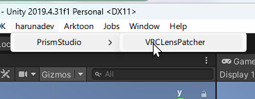 왼쪽 위 메뉴에서 VRCLensPatcher 메뉴를 실행하는 사진