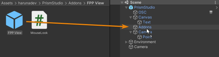 Screenshot showing the process of dragging the addon prefab object into the Addons object in the Hierarchy