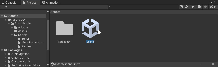 Unity Editor の Project タブで Assets / Scene ファイルを開く写真