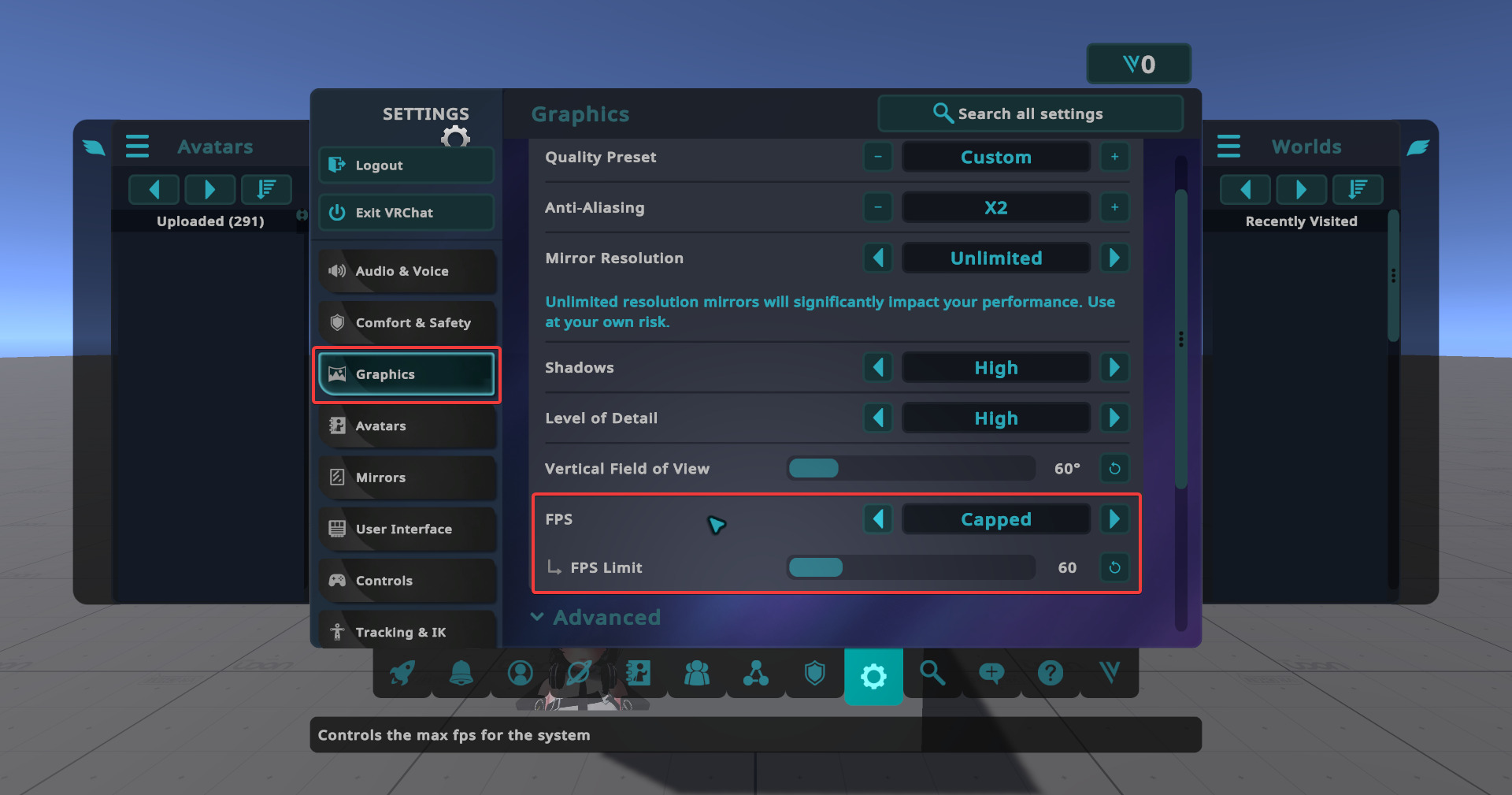 VRChat에서 FPS를 조절하는 옵션을 보여주는 사진