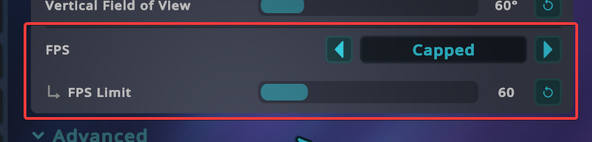 VRChat에서의 FPS 설정을 Capped, 수치를 60으로 설정하는 사진